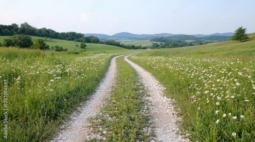 Country road through daisy field, hills in background, summer day, travel brochure Country road through daisy field, hills in background, summer day, travel brochure