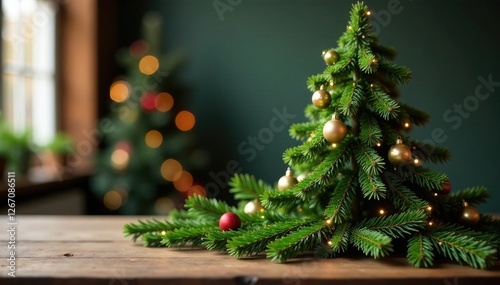 Decorated evergreen fir tree on table centerpiece, garland, Christmas tree
