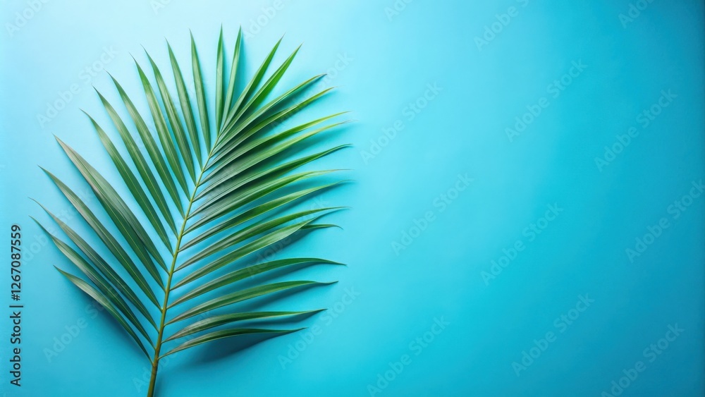 Fototapeta premium Vibrant Green Palm Frond on a Bright Blue Background, Perfect for Summer Designs and Tropical Themed Projects
