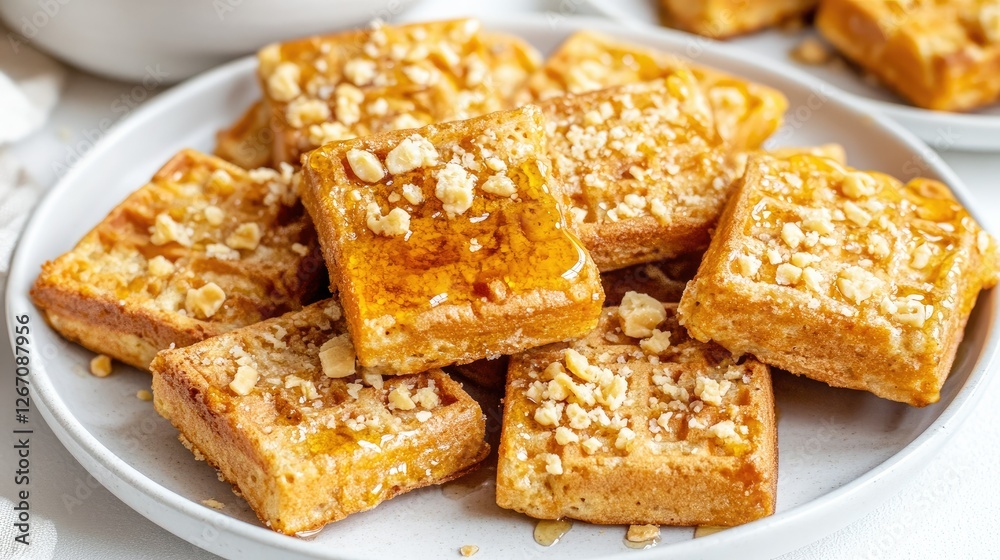 Close-up shot of crispy waffles topped with a generous pour of honey, set against a clean white backdrop, emphasizing their appetizing appearance Close-up shot of crispy waffles topped with a generous pour of honey, set against a clean white backdrop, emphasizing their appetizing appearance