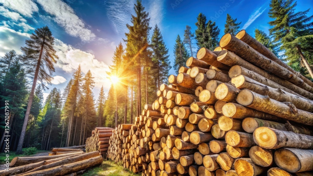 Sunlit Stack of Timber Logs in a Lush Coniferous Forest Sunlit Stack of Timber Logs in a Lush Coniferous Forest