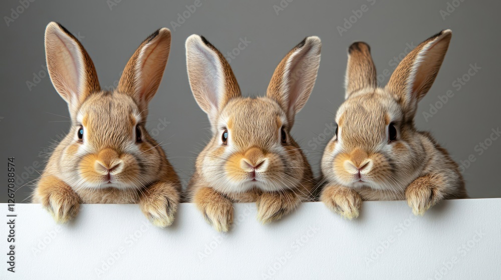 Fototapeta premium Three bunnies peeking, studio, blank sign, Easter