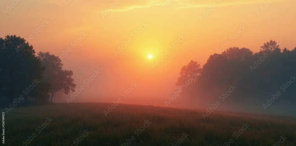 Foggy morning landscape with soft golden sunrise, golden, fog Foggy morning landscape with soft golden sunrise, golden, fog