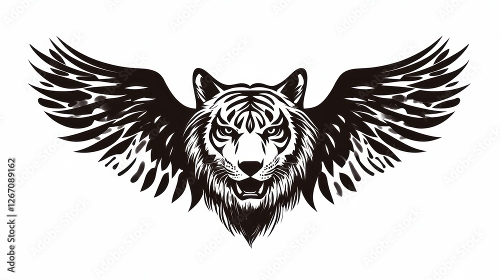 Fototapeta premium Tiger with wings flapping, monochrome graphic for tattoo art, or t-shirt design