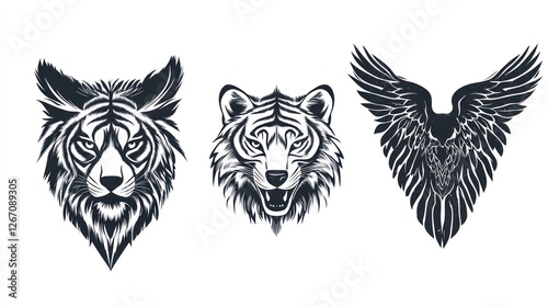 Wallpaper Mural Three heads of animal in black lines for tattoo, and animal-themed posters for animal lovers Torontodigital.ca