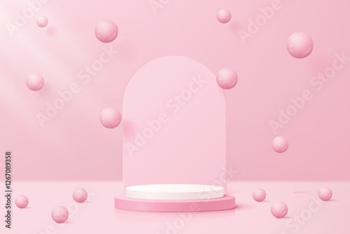 3d pink and white podium, stage with a rounded backdrop and floating spheres. With pink background. Luxury and soft touch style mockup scene for showcasing beauty products display.