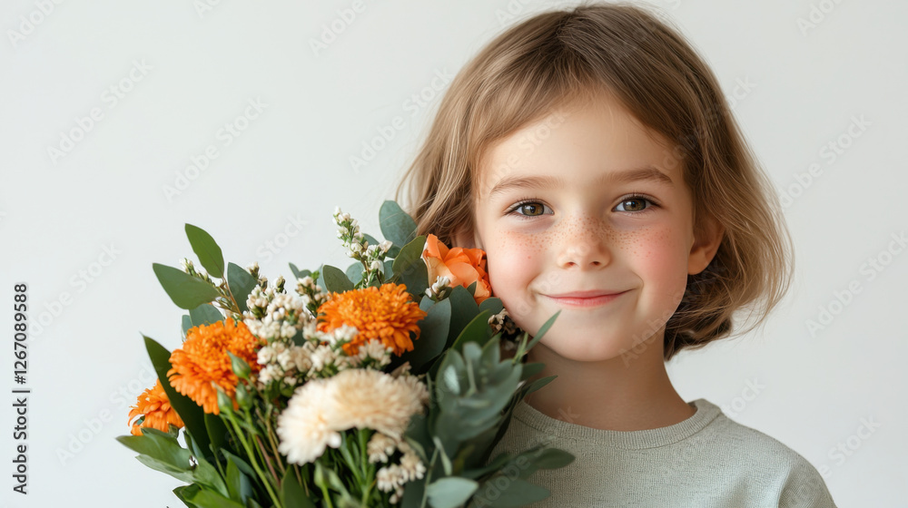 child with joyful expression holds bouquet of colorful flowers, creating delightful surprise child with joyful expression holds bouquet of colorful flowers, creating delightful surprise