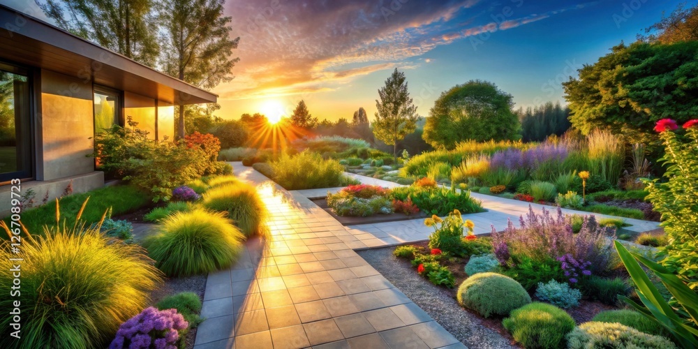 Fototapeta premium Serene Sunset Landscape Modern Home Adorned with Vibrant Blooming Flowerbeds and Lush Greenery, Illuminated by Golden Hour Sunlight on a Tranquil Pathway