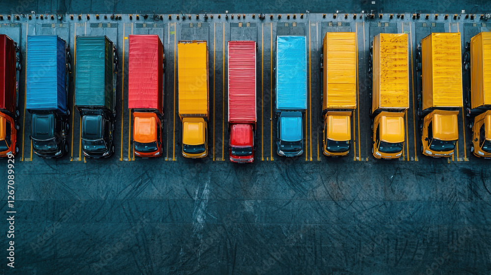 Fototapeta premium Aerial view of logistics hub with colorful delivery trucks parked in rows, showcasing efficient organization. vibrant colors of vehicles create striking visual contrast against asphalt