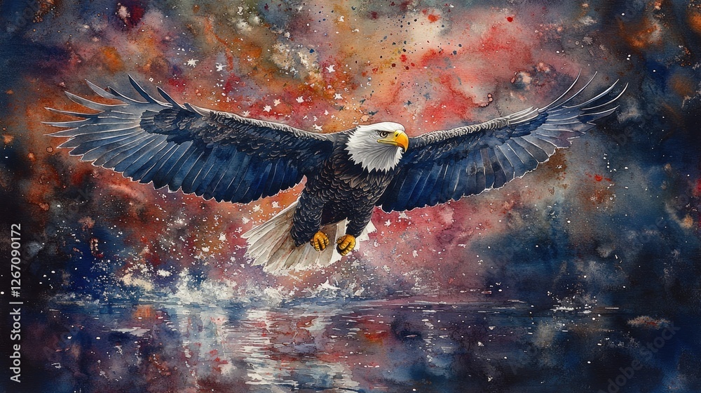 Fototapeta premium Majestic eagle soaring above a colorful cosmic landscape with splashes of color and water reflections