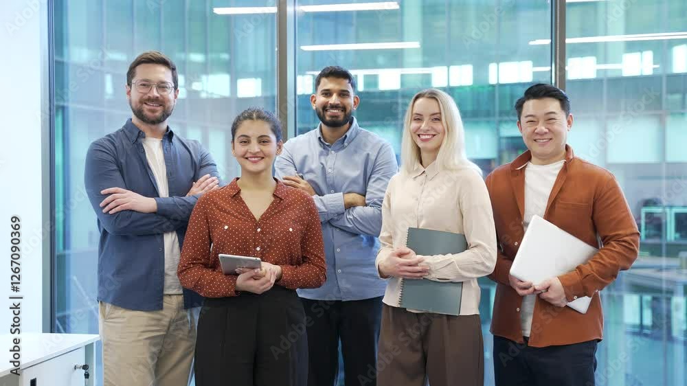 Portrait of group happy multiethnic team standing in modern office. Successful corporate colleague workers posing looking at camera smiling. Teamwork of confident professional leaders and employees