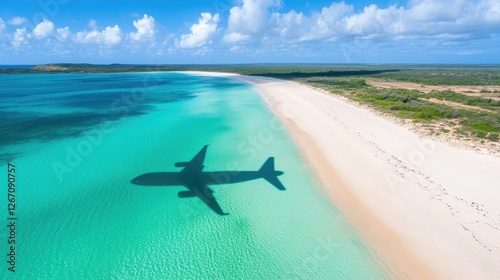 High-resolution image capturing the moment an airplane's shadow passes over a serene shoreline with crystal-clear waters and pristine sands, symbolizing travel aspirations photo