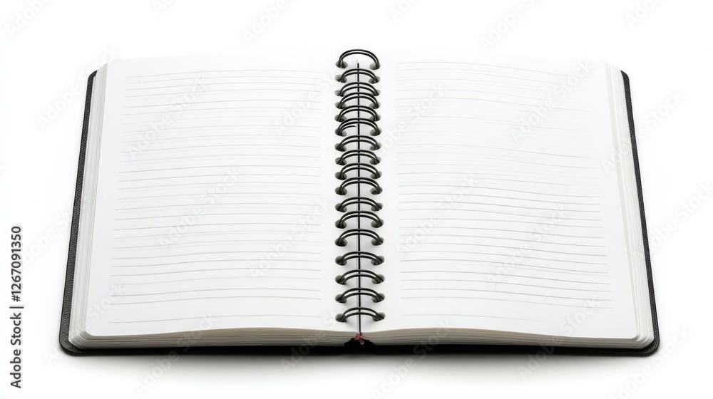 High-resolution mockup of an open white spiral notebook, displaying blank pages against a clean white background for design presentations. High-resolution mockup of an open white spiral notebook, displaying blank pages against a clean white background for design presentations.