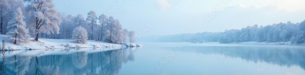 Frozen lake and trees reflected in the pale blue sky, nature, winter landscape Frozen lake and trees reflected in the pale blue sky, nature, winter landscape
