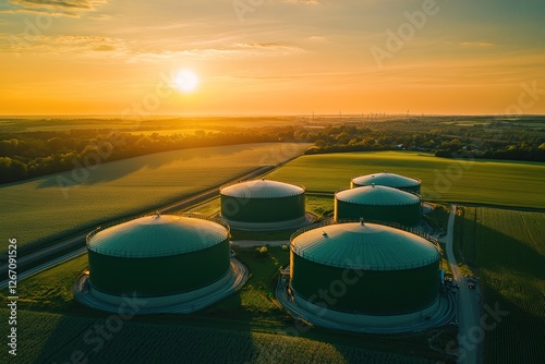 Green Energy Storage Tanks at Sunset: Aerial View of Rural Biogas Plants in a Picturesque Landscape
