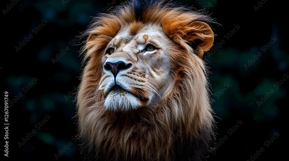 Fototapeta premium Majestic Lion's Gaze: Close-up portrait of a magnificent male lion, his intense gaze and flowing mane capturing the essence of regal power and untamed wilderness.