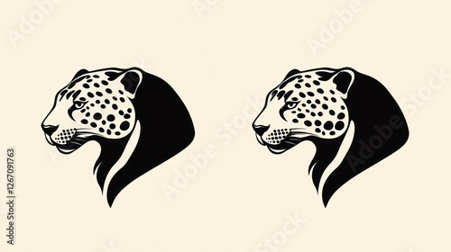 Two black and white jaguar head profiles facing left, for branding, wildlife, nature themes, print photo