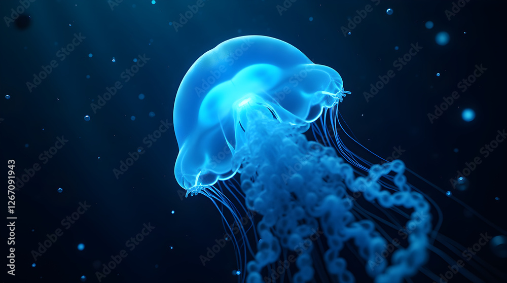 Naklejka premium Glowing Blue Jellyfish in Deep Ocean: Stunning Underwater Photography of Marine Life, Bioluminescent Creature, Sea Animal Stock Image