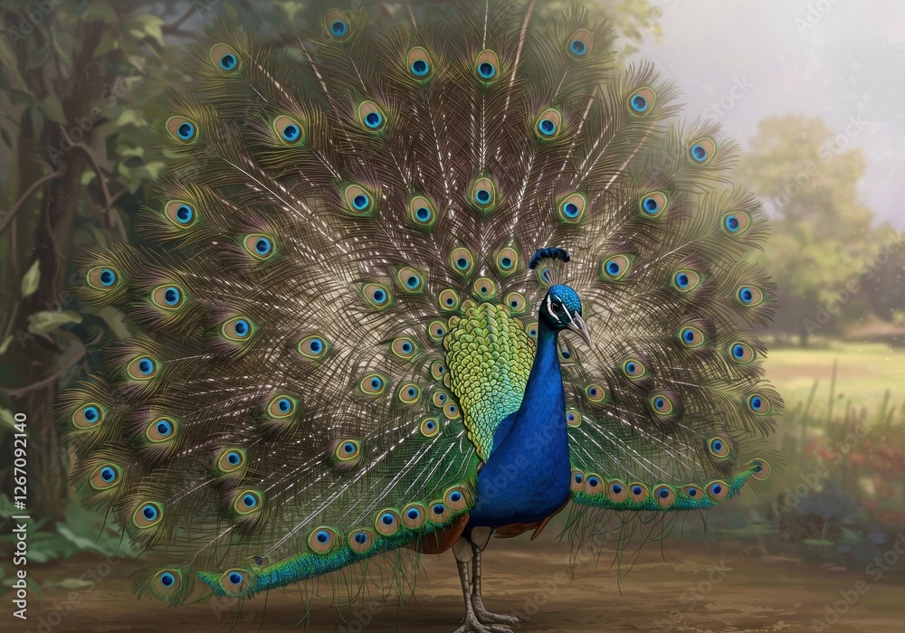 Obraz premium Stunning Peacock Illustration in Vibrant Nature Setting, Showcasing Majestic Feathers in Full Display
