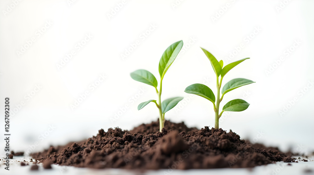 Young Green Seedlings Sprouting from Dark Soil: Close-Up of New Plant Growth, Symbolizing Hope, Renewal, and Sustainable Agriculture, Isolated on White Background Young Green Seedlings Sprouting from Dark Soil: Close-Up of New Plant Growth, Symbolizing Hope, Renewal, and Sustainable Agriculture, Isolated on White Background