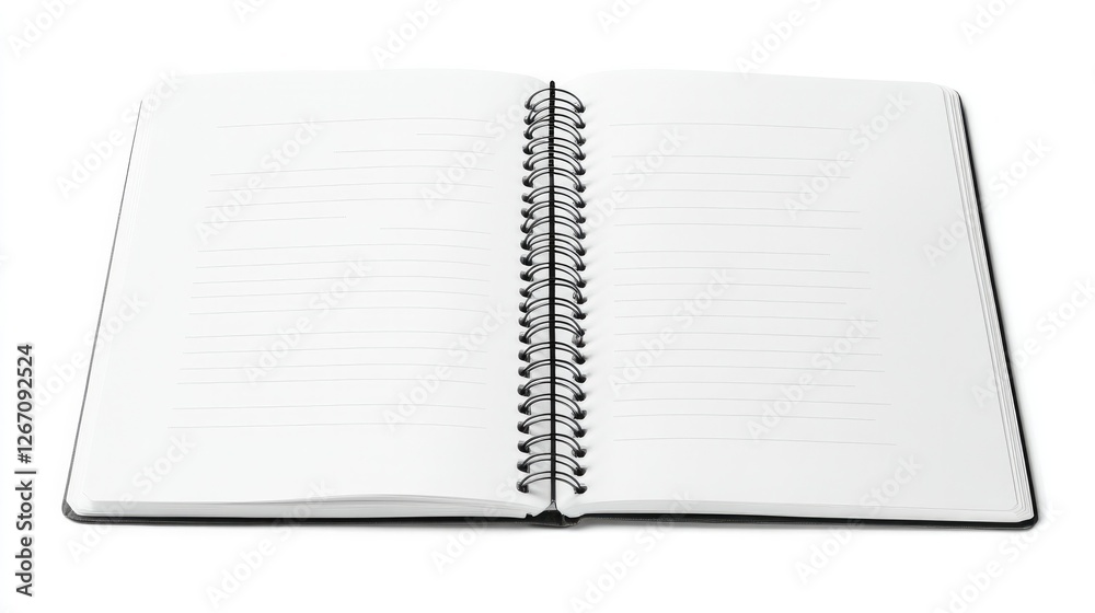 Realistic mockup of an open white spiral notebook with empty interior pages, displayed on a pristine white background for design presentations. Realistic mockup of an open white spiral notebook with empty interior pages, displayed on a pristine white background for design presentations.