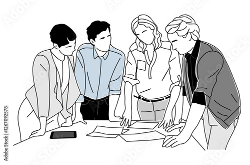 A group of people are standing around a table looking at documents. They are all dressed in business attire. Meeting, brainstorming, startup, teamwork concept. Vector outline drawing isolated.