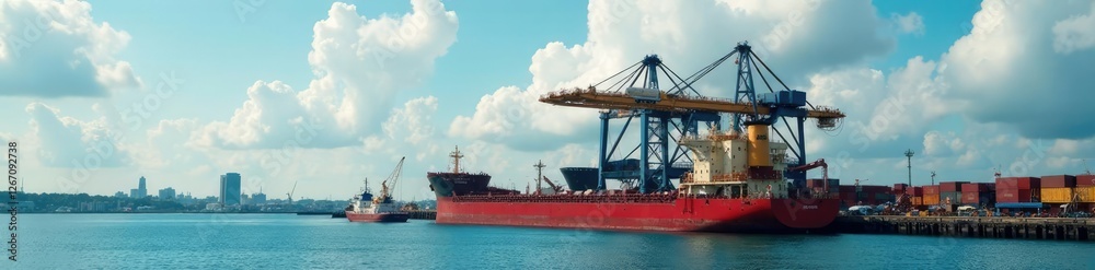 Offshore crane lifting heavy load on barge in harbor, cargo, barge, harbor Offshore crane lifting heavy load on barge in harbor, cargo, barge, harbor