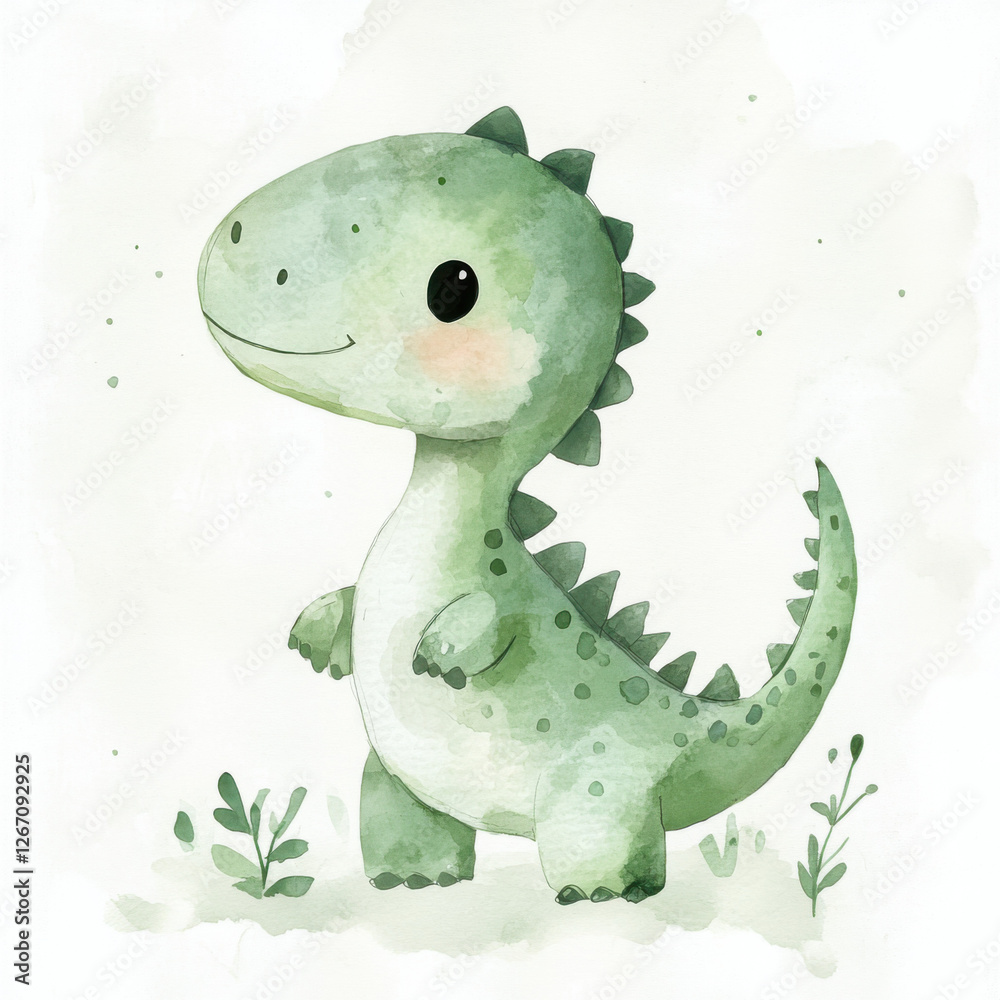 Fototapeta premium cute little dinosaur in light green watercolor illustration
