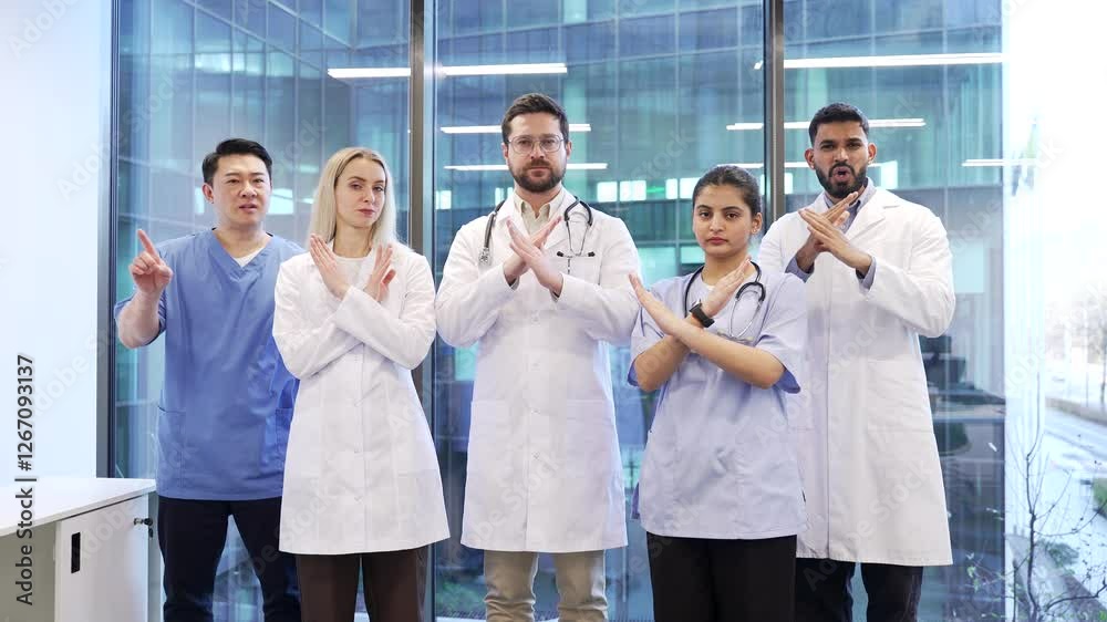 Group of serious doctors showing crossed arms, X sign, shaking head no standing in hospital clinic. Medical professionals physicians in coats demonstrates gesture of prohibition, denial, disagreement