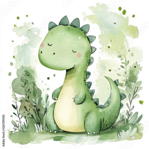 cute little dinosaur in light green watercolor illustration
