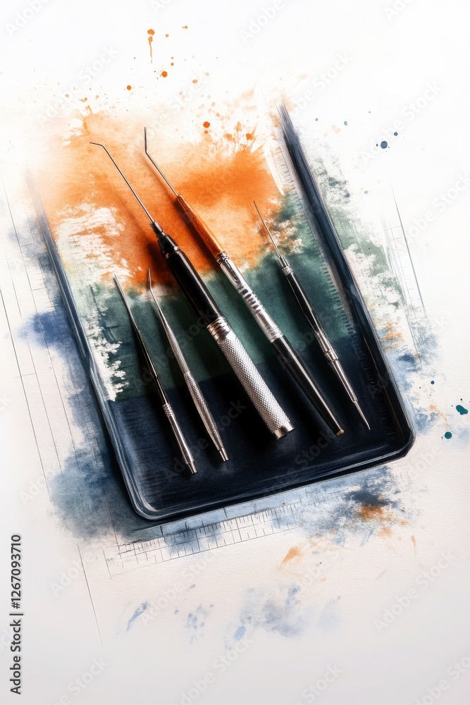 Dental Tools and Instruments Lying on Tray with Colorful Abstract Background Dental Tools and Instruments Lying on Tray with Colorful Abstract Background