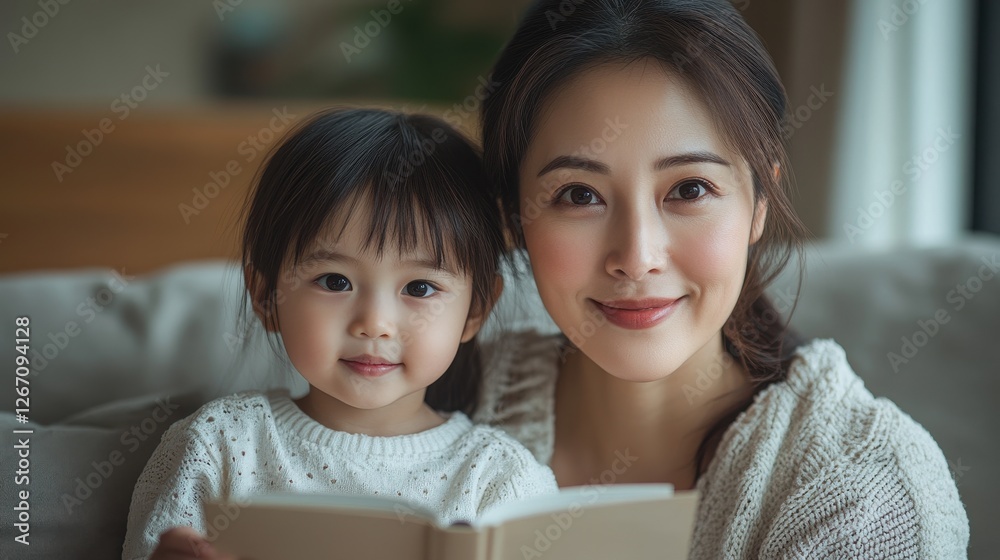 Happy Asian Mother and Daughter Reading a Book Together at Home Happy Asian Mother and Daughter Reading a Book Together at Home