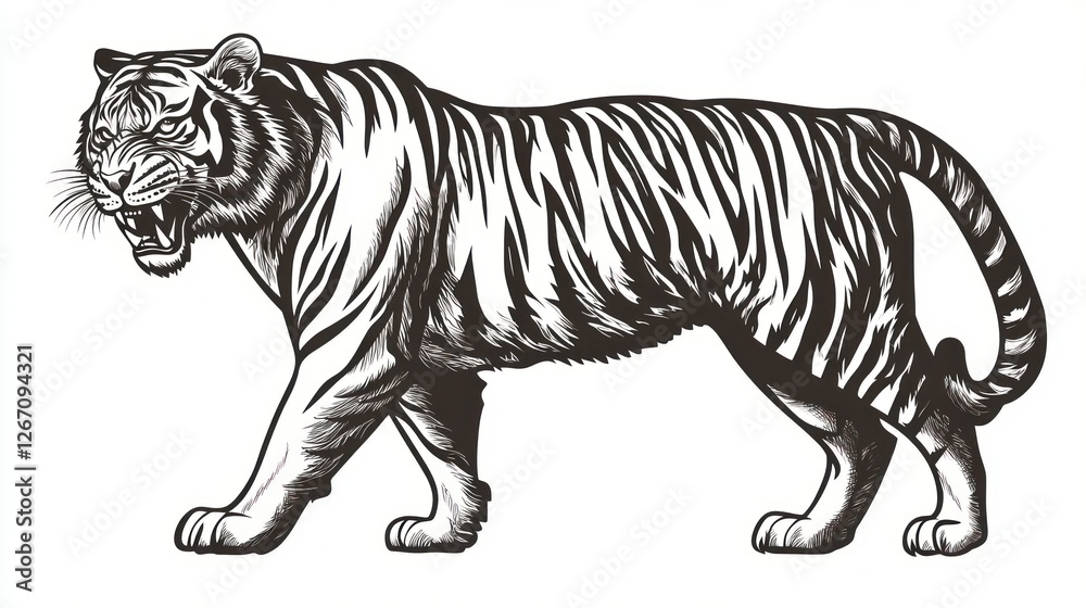 Obraz premium Roaring tiger walking, white background, wildlife illustration, tattoo design