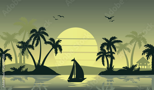 sail in the ocean palm landscape vector silhouette. tropical paradise vector palm landscape silhouette graphics
