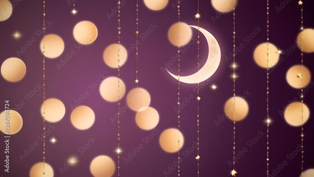 A deep violet and warm gold blurred background with softly glowing crescent moon and star-shaped bokeh lights5
