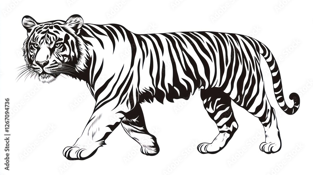 Naklejka premium Strolling Tiger on White. Wildlife, conservation, animal, educational, arts & crafts