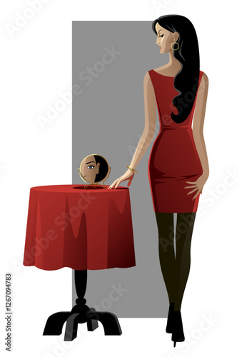 A glamorous woman in a red dress with black hair standing with her back to the viewer at a table with a round mirror reflecting a woman's face.  Vector illustration