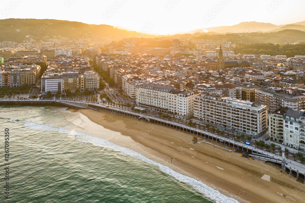 Fototapeta premium Aerial view of Donostia - San Sebastian cityscape at sunrise, Spain