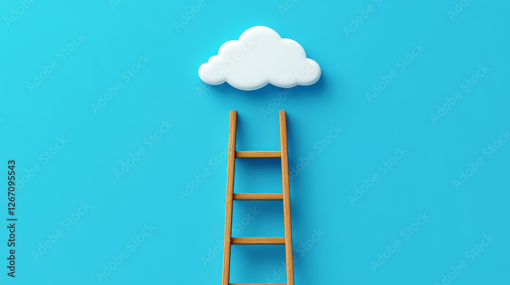 Wooden ladder reaching fluffy white cloud, blue background. Concept of dreams, goals, success, ambition. Generative AI Wooden ladder reaching fluffy white cloud, blue background. Concept of dreams, goals, success, ambition. Generative AI