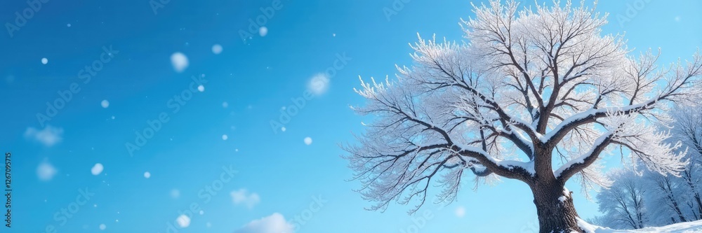 Snow-covered tree with bare branches against a bright blue sky, branches, winter landscape Snow-covered tree with bare branches against a bright blue sky, branches, winter landscape