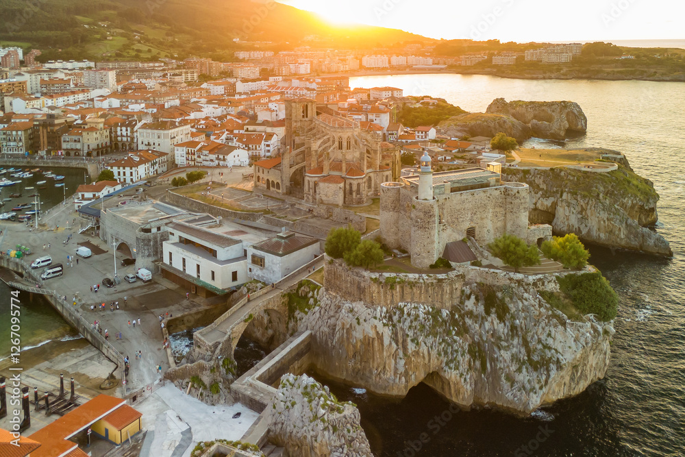 Aerial view of Castro Urdiales town at sunset, Cantabria, northern Spain