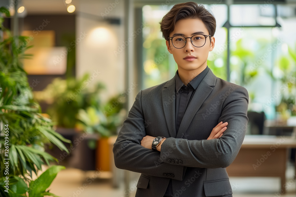 Young Asian businessman with wearing elegant eyeglasses and a dark grey suit, standing confidently with her arms crossed in a bright, in open office space. Young Asian businessman with wearing elegant eyeglasses and a dark grey suit, standing confidently with her arms crossed in a bright, in open office space.
