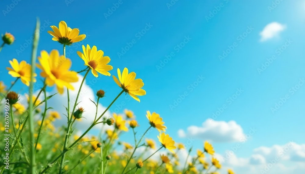 Tall yellow wildflowers sway in the wind with a few wispy clouds in the blue sky, petals, blue, wind Tall yellow wildflowers sway in the wind with a few wispy clouds in the blue sky, petals, blue, wind