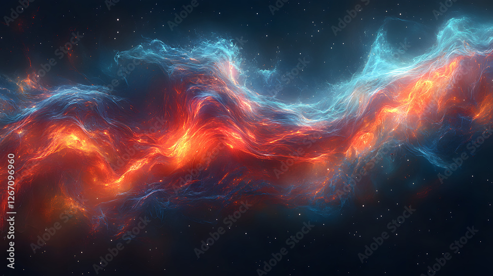 Obraz premium Nebula's Embrace: A captivating scene of swirling nebulae, awash in vibrant blues and oranges, floating in the infinite expanse of the cosmos, a testament to the universe's grandeur.