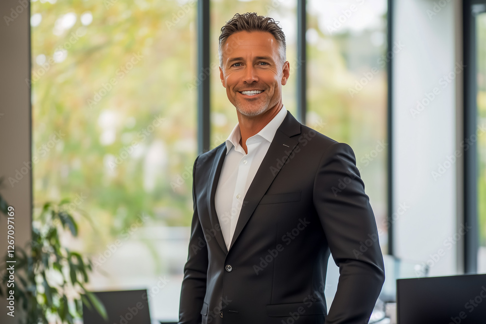 A smiling successful American businessman wearing a stylish black suit and white shirt, standing proudly in a modern office A smiling successful American businessman wearing a stylish black suit and white shirt, standing proudly in a modern office