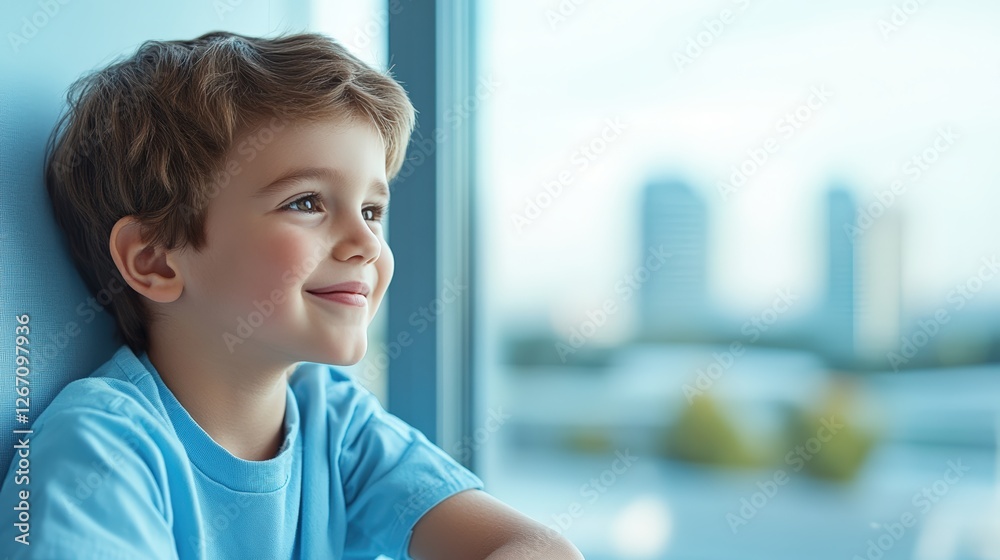 A smiling boy in a blue shirt gazes thoughtfully out a window, with a soft urban backdrop enhancing a sense of wonder and curiosity. A smiling boy in a blue shirt gazes thoughtfully out a window, with a soft urban backdrop enhancing a sense of wonder and curiosity.