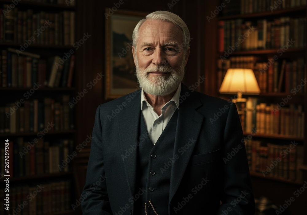Portrait of a Distinguished Elderly Man in a Library Setting Surrounded by Books and Warm Lighting Portrait of a Distinguished Elderly Man in a Library Setting Surrounded by Books and Warm Lighting