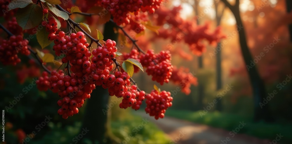 Tree with Viburnum berries and leaves in a shaded forest area, foliage, red Tree with Viburnum berries and leaves in a shaded forest area, foliage, red