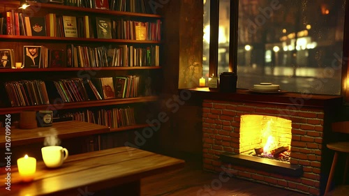 Wallpaper Mural Cozy Library with Fireplace at Night. Seamless looping time lapse animation video background  
 Torontodigital.ca
