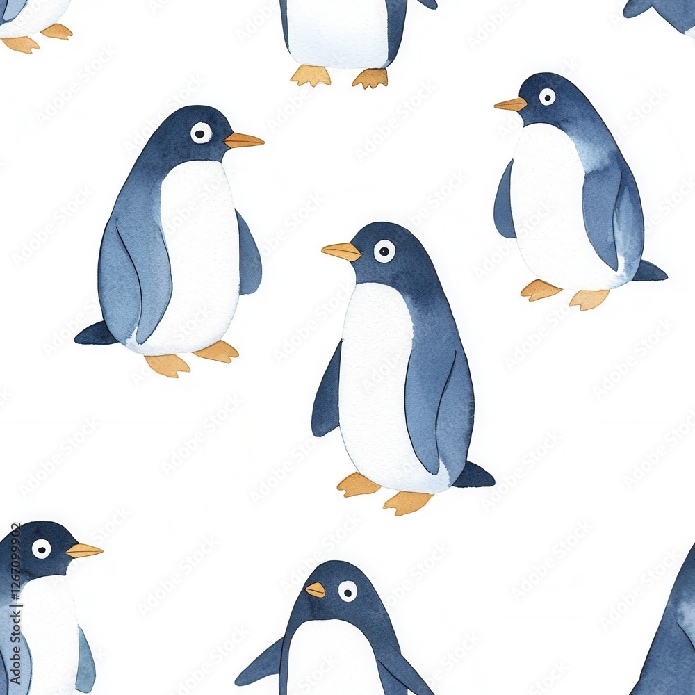 Obraz premium Watercolor illustration of seamless boho animals. A whimsical pattern featuring penguins in various poses on a light background, creating a playful and charming design.